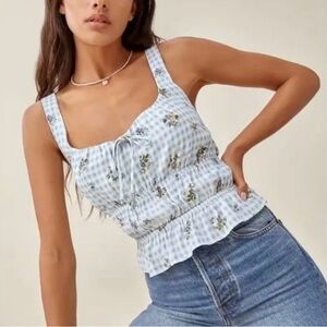 Reformation Square-Neck Floral Print Ruched Ruffled-Hem Tank Top